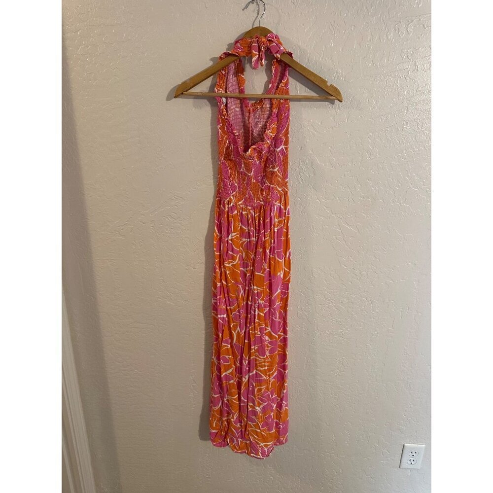 Y Japna Rayon Orange & Pink Beachy Crinkle Floral Print Feminine Spring Dress - Picture 7 of 9